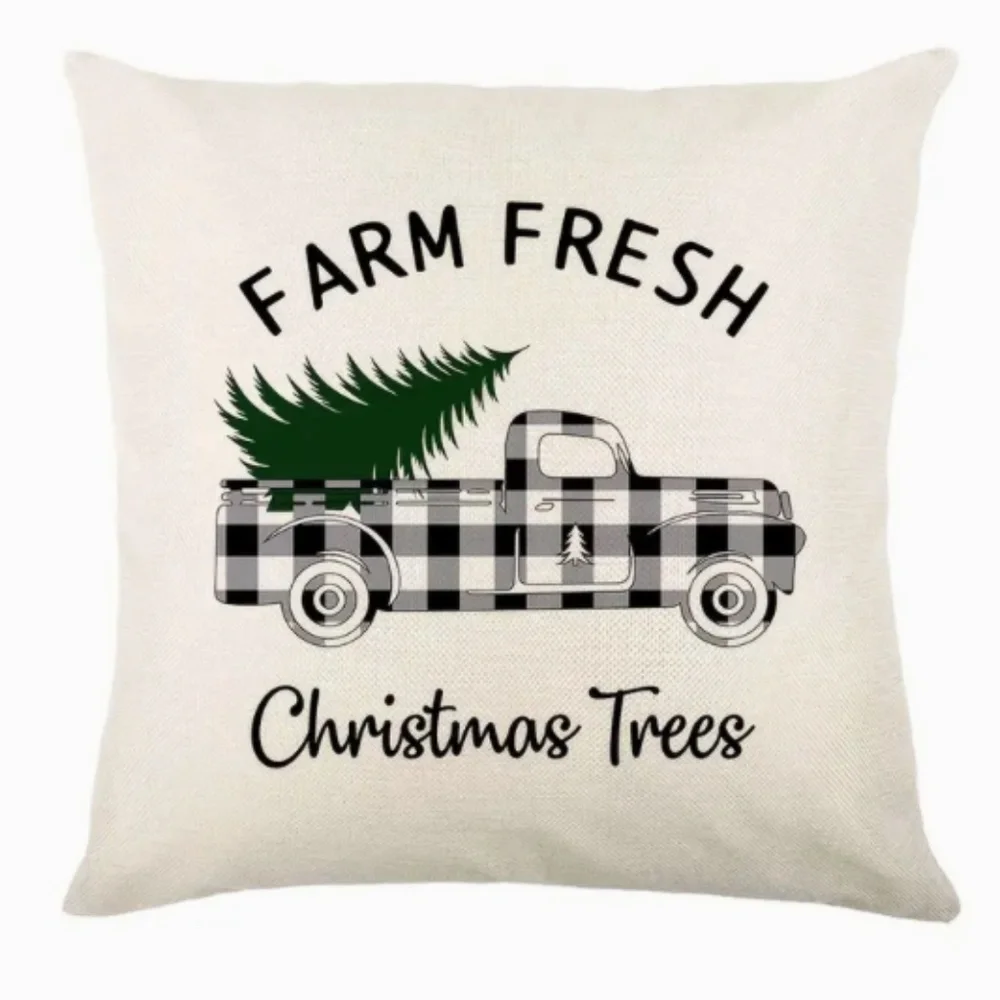NEW FARM FRESH CHRISTMAS TREES BUFFALO CHECK VTG TRUCK LINEN PILLOW COVER 17.7